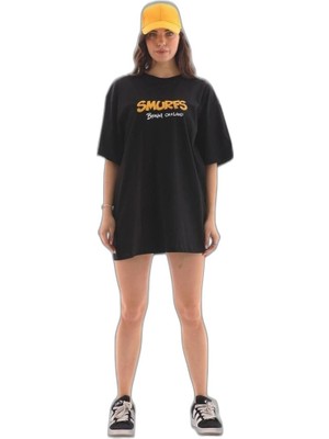 YM PAZARLAMA Kadın Kısa Kol Yazlık Tişört Bisiklet Yaka Baskılı Oversize T-Shirt - Siyah