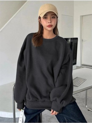 YM PAZARLAMA Kadın Düz Bisiklet Yaka 3 Iplik Sweatshirt - Siyah