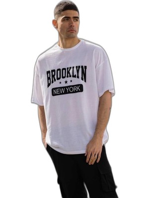 YM PAZARLAMA Erkek Kısa Kol Yazlık Tişört Bisiklet Yaka Baskılı Oversize T-Shirt - Beyaz