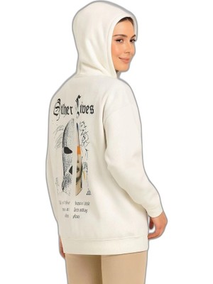 YM PAZARLAMA Kadın Kapüşonlu Kanguru Cepli Sweatshirt 3 Iplik Pamuklu Baskılı Hoodie - Beyaz
