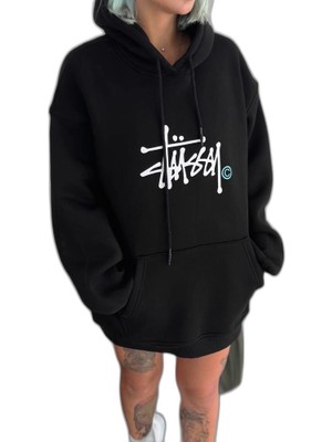 YM PAZARLAMA Kadın Oversize Kapüşonlu Cepli Baskılı 3 Iplik Pamuklu Hoodie Sweatshirt - Siyah