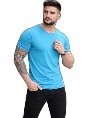 YM PAZARLAMA Erkek Body Tişört Bisiklet Yaka Slim Fit Likralı T-Shirt - Açık Mavi
