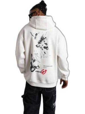 YM PAZARLAMA Erkek 3 Iplik Pamuklu Kapüşonlu Baskılı Cepli Oversize Sweatshirt Hoodie - Beyaz