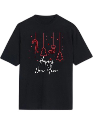 YM PAZARLAMA Yılbaşı Happy New Year Baskılı Kısa Kollu Oversize Bisiklet Yaka T-Shirt - Siyah