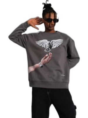 YM PAZARLAMA Erkek Güvercin Baskılı 3 Iplik Pamuklu Bisiklet Yaka Sweatshirt - Gri