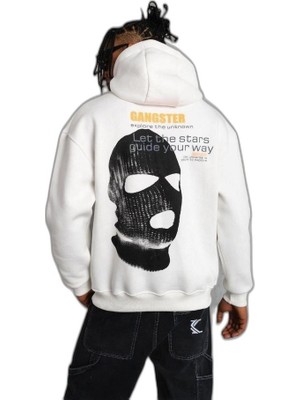 YM PAZARLAMA Erkek Maske Baskılı 3 Iplik Pamuklu Kapüşonlu Sweatshirt Hoodie - Beyaz