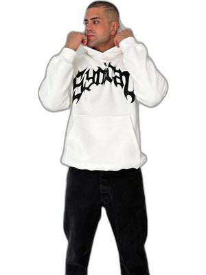 YM PAZARLAMA Erkek 3 Iplik Pamuklu Kapüşonlu Baskılı Cepli Oversize Sweatshirt Hoodie - Beyaz