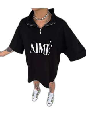 YM PAZARLAMA Kadın Yarım Fermuarlı Tişört Baskılı T-Shirt - Siyah