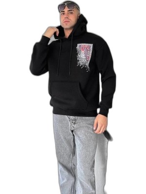 YM PAZARLAMA Erkek Kapüşonlu Kanguru Cepli Sweatshirt 3 Iplik Pamuklu Baskılı Hoodie - Siyah