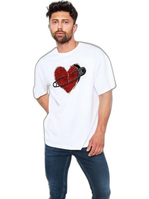YM PAZARLAMA Erkek Kısa Kol Tişört Bisiklet Yaka Kalp Baskılı Oversize T-Shirt - Beyaz