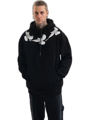 YM PAZARLAMA Erkek 3 Iplik Pamuklu Kapüşonlu Baskılı Cepli Oversize Sweatshirt Hoodie - Siyah