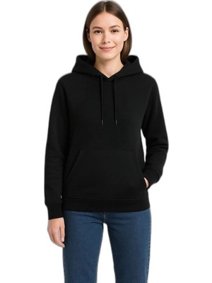 YM PAZARLAMA Kadın 3 Iplik Pamuklu Kapüşonlu Kanguru Cepli Sweatshirt Hoodie - Siyah