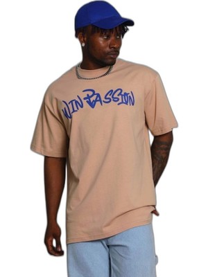 YM PAZARLAMA Erkek Baskılı Tişört Kısa Kol Bisiklet Yaka Oversize T-Shirt - Bej