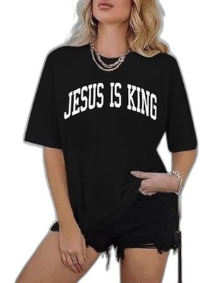 YM PAZARLAMA Kadın Baskılı T-Shirt Kısa Kol Bisiklet Yaka Oversize Rahat Kalıp Tişört - Siyah