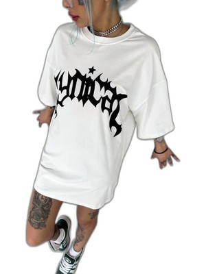 YM PAZARLAMA Kadın Bisiklet Yaka Baskılı Oversize  Kısa Kol T-Shirt - Beyaz