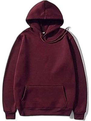 YM PAZARLAMA Kadın 3 Iplik Pamuklu Kapüşonlu Kanguru Cepli Düz Hoodie Sweatshirt - Bordo