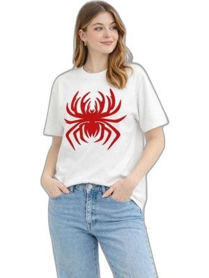 YM PAZARLAMA Kadın Örümcek Baskılı Tişört Kısa Kollu Bisiklet Yaka T-Shirt - Beyaz