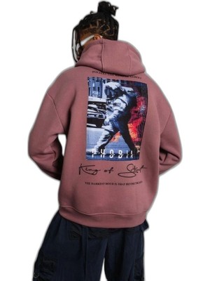 YM PAZARLAMA Erkek 3 Iplik Pamuklu Kapüşonlu Baskılı Cepli Oversize Sweatshirt Hoodie - Gül Kurusu