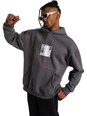 YM PAZARLAMA Erkek 3 Iplik Pamuklu Kapüşonlu Baskılı Cepli Oversize Sweatshirt Hoodie - Gri