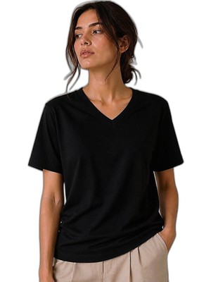YM PAZARLAMA Kadın V Yaka Basic Tişört Kısa Kol Yazlık Regular Fit T-Shirt - Siyah