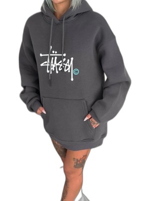 YM PAZARLAMA Kadın Oversize Kapüşonlu Cepli Baskılı 3 Iplik Pamuklu Hoodie Sweatshirt - Füme