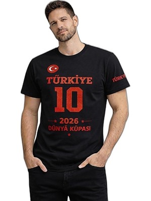 YM PAZARLAMA Erkek Türkiye Baskılı Tişört 2026 Dünya Kupası Taraftar Forma T-Shirt - Siyah