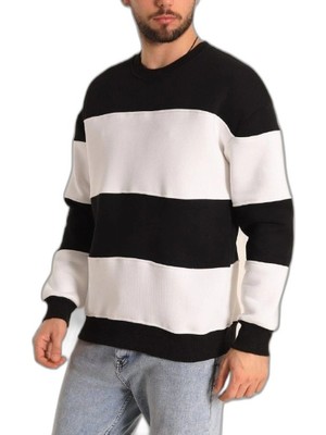 YM PAZARLAMA Erkek 3 Iplik Pamuklu Parçalı Bisiklet Yaka Sweatshirt - Siyah