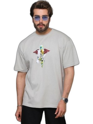 YM PAZARLAMA Erkek Baskılı T-Shirt Kısa Kol Bisiklet Yaka Regular Fit Rahat Kalıp Tişört -  Gri