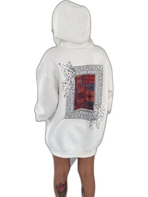 YM PAZARLAMA Kadın Kapüşonlu Kanguru Cepli Sweatshirt 3 Iplik Pamuklu Baskılı Hoodie - Beyaz