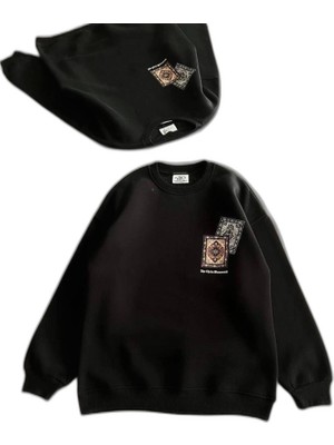 YM PAZARLAMA Kadın Bisiklet Yaka Kilim Halı Baskılı 3 Iplik Pamuklu Sweatshirt - Siyah