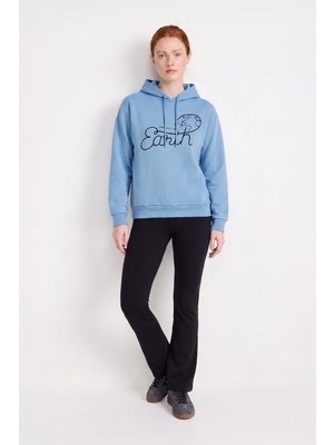 Markapia Woman Kadın Kapüşonlu Dünya Baskılı Mavi Sweatshirt