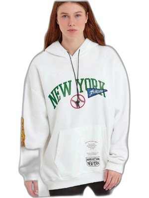 YM PAZARLAMA Kadın Oversize Kapüşonlu Cepli Ön Kol Baskılı 3 Iplik Pamuklu Hoodie Sweatshirt - Beyaz
