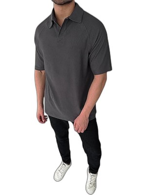 YM PAZARLAMA Erkek Polo Yaka Tişört Patlı Kısa Kol Yazlık T-Shirt - Antrasit