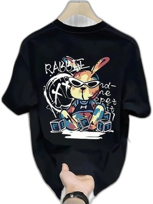 YM PAZARLAMA Erkek T-Shirt Tavşan Baskılı Kısa Kollu Tişört - Siyah