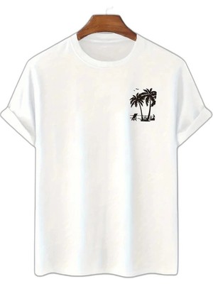 YM PAZARLAMA Erkek Tişört Palmiye Baskılı Bisiklet Yaka Kısa Kol T-Shirt - Beyaz