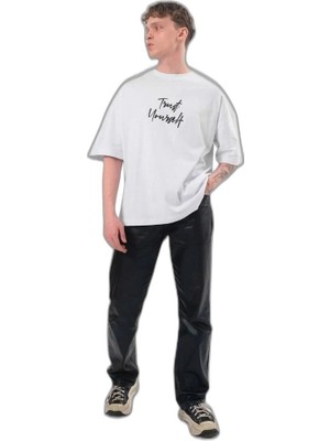 YM PAZARLAMA Erkek Kısa Kol Yazlık Tişört Bisiklet Yaka Baskılı Oversize T-Shirt -  Beyaz