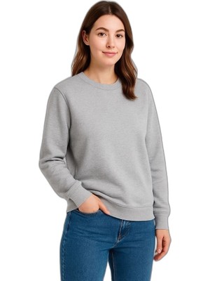 YM PAZARLAMA Kadın 3 Iplik Pamuklu Düz Bisiklet Yaka Sweatshirt - Gri