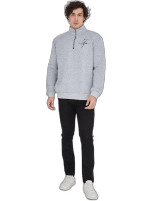 YM PAZARLAMA Erkek Yarım Fermuarlı Baskılı 3 Iplik Pamuklu Sweatshirt - Gri