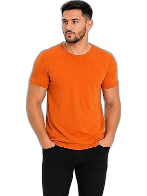 YM PAZARLAMA Erkek Basic Tişört Bisiklet Yaka Kısa Kol Günlük Yazlık Slim Fit T-Shirt - Turuncu