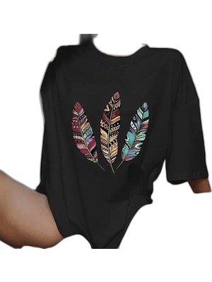 YM PAZARLAMA Kadın Baskılı T-Shirt Kısa Kol Bisiklet Yaka Oversize Rahat Kalıp Günlük Tişört   - Siyah