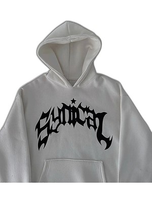 YM PAZARLAMA Kadın Kapüşonlu Kanguru Cepli Sweatshirt 3 Iplik Pamuklu Baskılı Hoodie - Beyaz