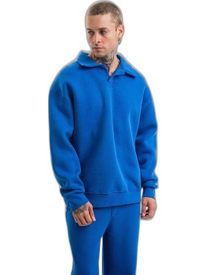 YM PAZARLAMA Erkek Açık Yakalı Oversize 3 Iplik Pamuklu Sweatshirt - Mavii