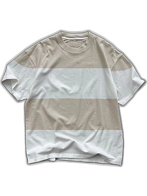 YM PAZARLAMA Erkek  kısa Kol  Bisiklet Yaka Parçalı T-Shirt - Bej