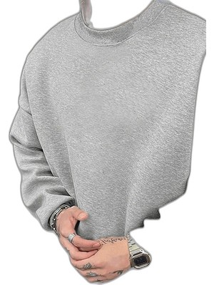YM PAZARLAMA Erkek Düz Bisiklet Yaka 3 Iplik Pamuklu Sweatshirt - Gri