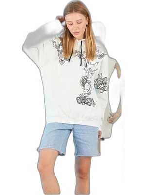 YM PAZARLAMA Kadın Oversize Kapüşonlu Baskılı 3 Iplik Pamuklu Hoodie Sweatshirt - B