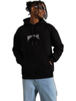 YM PAZARLAMA Erkek 3 Iplik Pamuklu Baskılı Kapüşonlu Cepli Sweatshirt Hoodie - Siyah