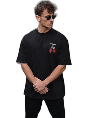 YM PAZARLAMA Erkek Kısa Kol Tişört Bisiklet Yaka Box Eldiven Baskılı T-Shirt -  Siyah