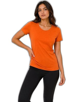 YM PAZARLAMA Kadın Basic Tişört Bisiklet Yaka Kısa Kol Günlük Yazlık Slim Fit T-Shirt - Turuncu