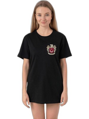 YM PAZARLAMA Türk Arma Baskılı Oversize Bisiklet Yaka Günlük T-Shirt - Siyah