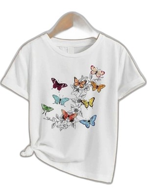 YM PAZARLAMA Kız Çocuk Bisiklet Yaka Baskılı T-Shirt - Beyaz